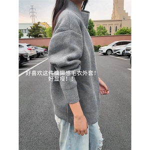 重磅秋冬北极绒双拉链毛衣开衫美式复古休闲慵懒风宽松针织衫外套图片