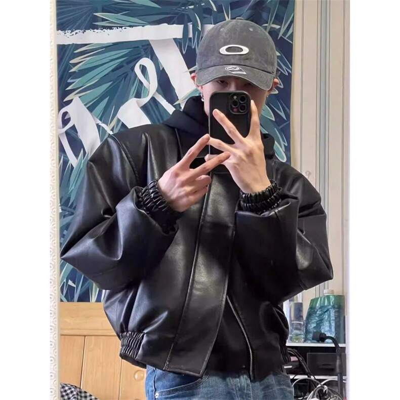 春季美式复古cleanfit短款垫肩皮衣外套男宽松PU皮夹克L73200-p66,男装夹克,星座1008