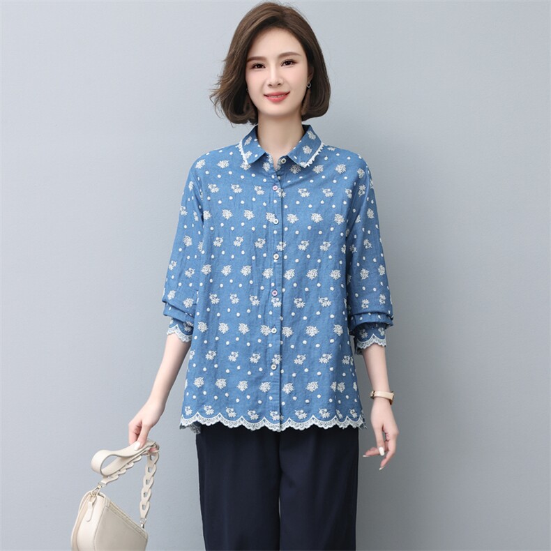 碎花衬衫女秋装2022新款韩版气质单排扣刺绣时尚宽松衬衣潮，女装大码女装，奕阳依阁