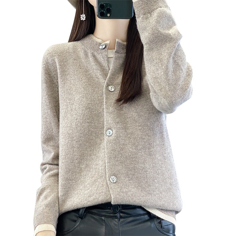 秋冬新款圆领拼色羊毛开衫外套女士洋气休闲宽松外搭针织减龄毛衣,针织衫/毛衣,佳绒包芯纱店