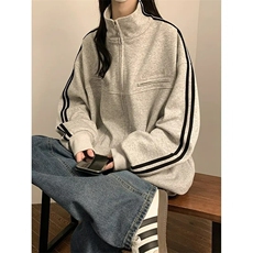有货。条纹卫衣外套女春秋潮牌街头两道杠运动开衫WB640-P50，女装短外套，星座412-3