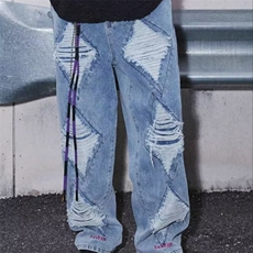 破洞牛仔裤男2025秋冬新款美式复古直筒裤潮牌高街宽松直筒休闲裤，男装牛仔裤，星座506A
