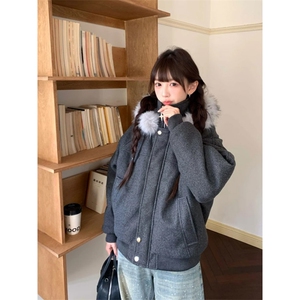网图 座山雕毛领连帽休闲毛呢拼接秋冬棉服情侣款上衣外套 P118图片