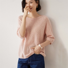 软糯亲肤~山羊绒短袖女圆领羊绒针织t恤纯色中半袖毛衣羊毛打底衫，女装羊绒衫，雪山红莲