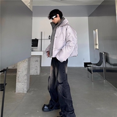 冬季PU皮拼接假两件棉衣男亮面双层小众设计感加厚宽松棉服外套潮，男装棉衣，星座506A