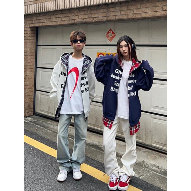 网图有货美式复古假两件格子拼接连帽开衫卫衣男女A840-P50,男装卫衣,星座1505