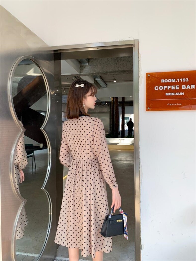 秋季新款韩版修身淑女气质高雅甜美可爱蝴蝶结圆点连衣裙，女装连衣裙，荷塘月色