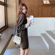 学院风穿搭棕色套装女春秋超火好看高级小众外套百褶半身裙两件套，女装套装/套裙，2C053