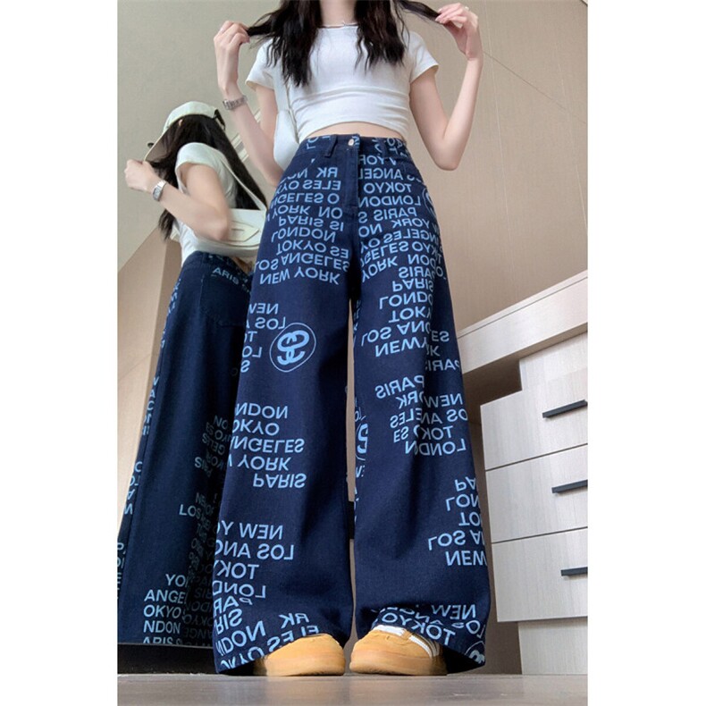 AK2334-P55美式复古字母印花牛仔裤女新款高腰显瘦宽松阔腿裤长裤,女装休闲裤,星座617A-2