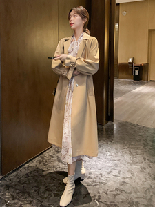 ByYou 2025春季新款高级感中长款卡其色风衣外套女英伦风休闲大衣图片