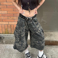 美式复古迷彩阔腿牛仔裤女夏季高腰宽松工装七分裤子LN10811-p52，男装牛仔裤，星座1008