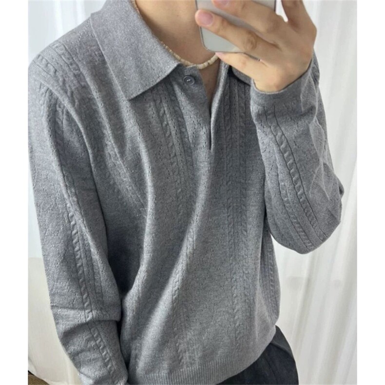 灰色提花麦穗纹针织Polo衫男秋季老钱风穿搭长袖t恤上衣 MT119图片