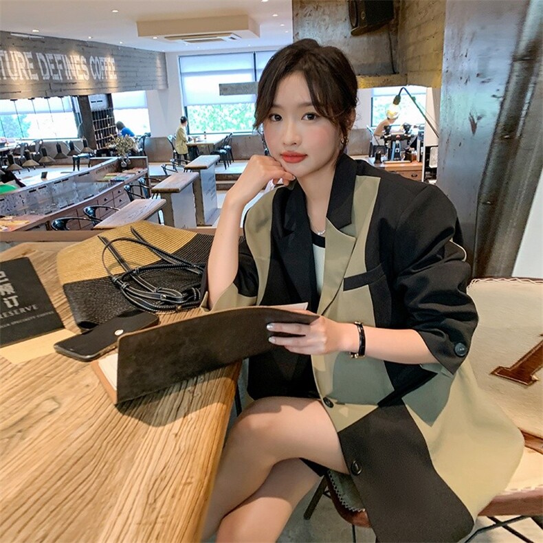 拼接方领纯色短袖极简风长袖西装韩版春秋小个子炸街气质网红时尚，女装西装，浙宝189