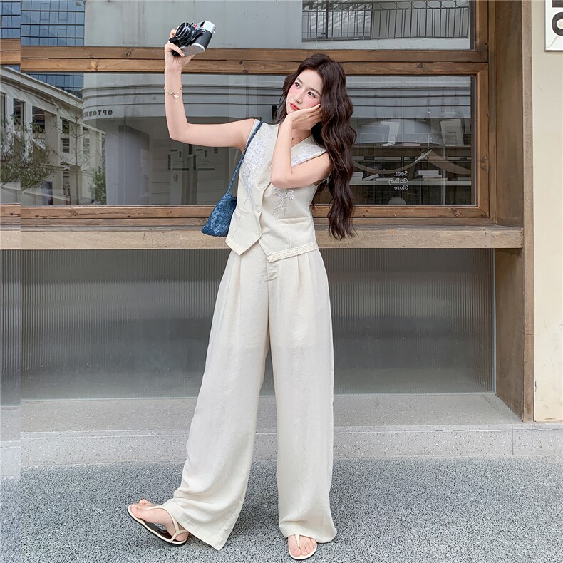 简约老钱风重工刺绣马甲阔腿裤套装女2026夏季显瘦超好看一整套,女装套装/套裙,流量+