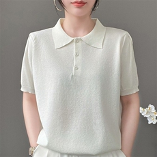 肌理感弹力白搭显瘦POLO领鎏金纱天丝针织短袖女气质纯色翻领上衣，女装T恤，暖姿羊绒