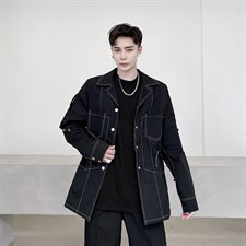 新款秋冬明线装饰腰抽绳口袋韩版翻领中长外套男A345-161-P115，女装短外套，电商A345