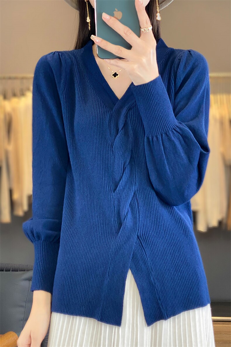 新款女毛衣打底衫宽松显瘦针织衫V领扭花百搭长袖,针织衫/毛衣,佳绒包芯纱店