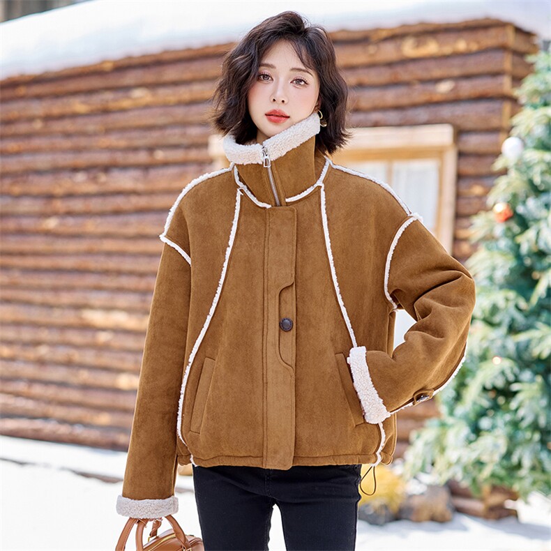 粉色皮毛一体羊羔毛外套女2024冬季新款加厚保暖鹿皮绒机车服棉服,女装短外套,慕依路