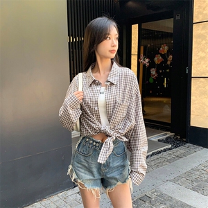 特批P36无差价2025春港风小格子长袖衬衫中性时尚宽松衬衣男C5455图片