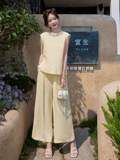 bebejudy海边度假~多巴胺休闲亚麻套装女夏季背心阔腿裤两件套装，女装套装/套裙，梦懿尔