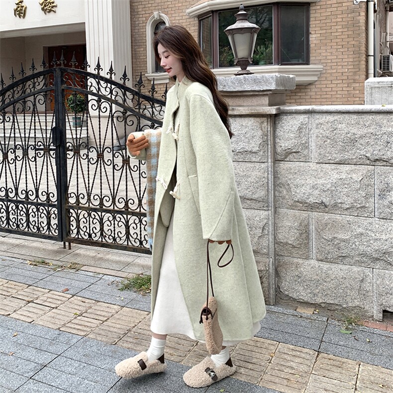 高级小众韩系chic绿色立领毛呢外套女秋冬2025年超火好看长款大衣,女装毛呢外套,红龙果