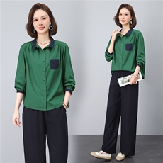 2025年秋季时尚撞色纯棉衬衫+天丝亚麻裤文艺优雅套装，女装套装/套裙，依恋蒂丝