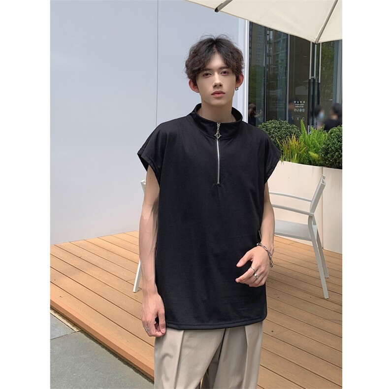 现货夏季薄款宽松宽肩无袖立领运动坎肩背心纯色拉链t恤BX08-P35,男装T恤,星座205-5