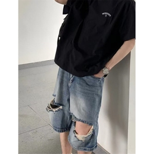 复古夏季薄款膝盖破洞牛仔裤短裤男款宽松阔腿休闲五分裤 D18图片