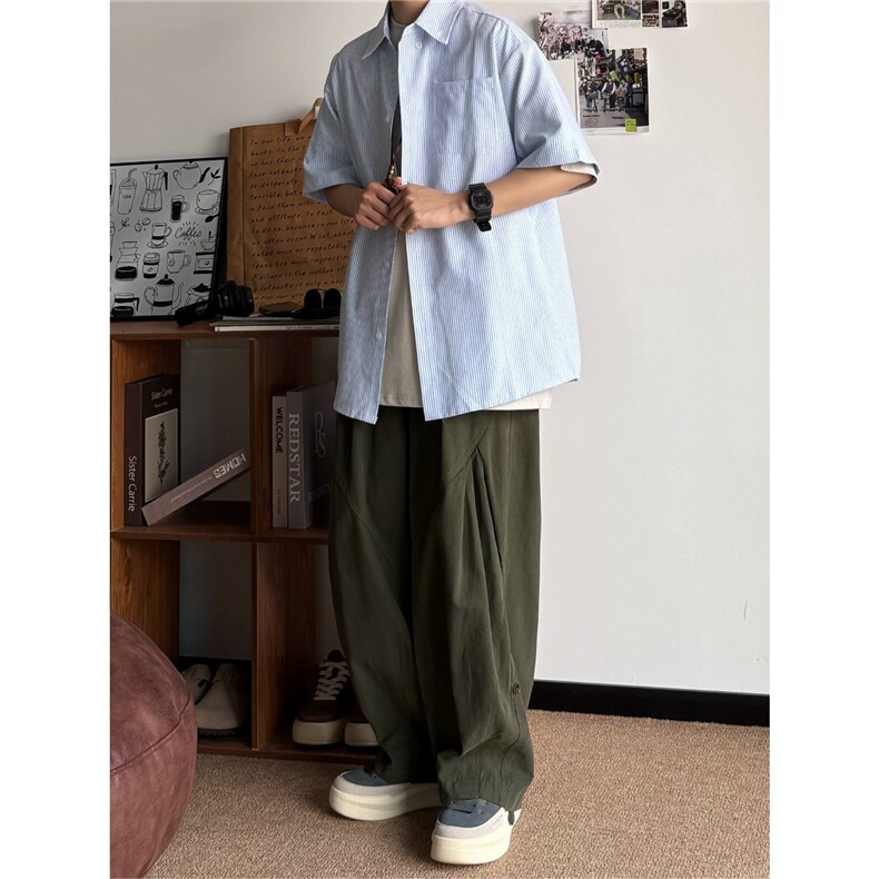 日系条纹衬衫短袖男女夏季新款宽松休闲男生衬衣外套CDA03-P28,男装T恤,星座208-5