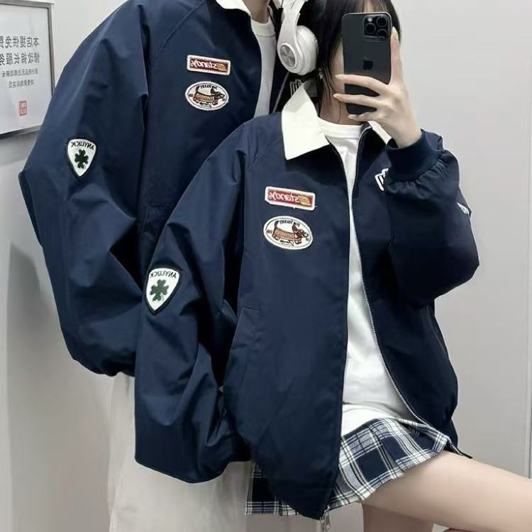 美式复古翻领飞行外套春季2025新款情侣宽松百搭设计棒球夹克上衣图片
