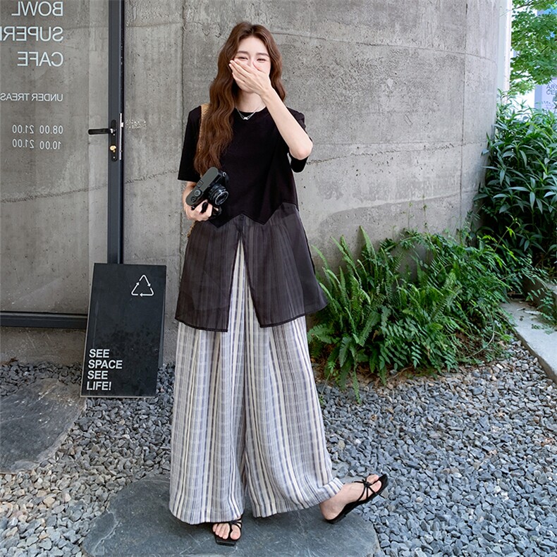 网纱背心条纹阔腿裤套装女夏2025新款又酷又飒穿搭两件套爆款洋气,女装套装/套裙,1C150
