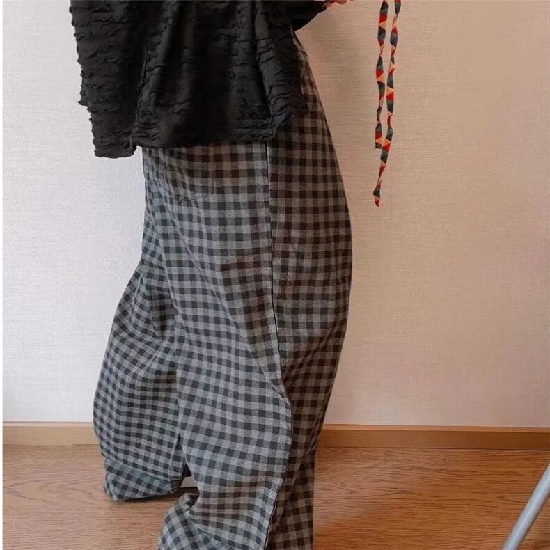 2024复古彩色飘带格子加绒休闲裤子男春秋新款bf慵懒风宽松阔腿裤,男装卫衣,星座506A