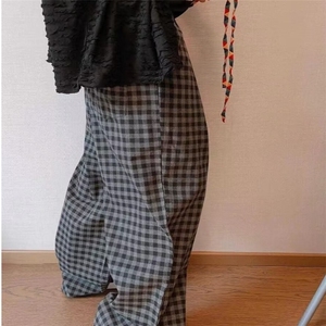 2024复古彩色飘带格子加绒休闲裤子男春秋新款bf慵懒风宽松阔腿裤图片