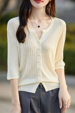 法式新款V领五分袖外搭针织开衫女高级防晒空调罩衫外套冰丝上衣，女装针织衫/毛衣，暖烁羊绒