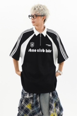 405A高街美式翻领半拉链设计感印花polo短袖T恤T2541-P45控68，男装T恤，星座405A