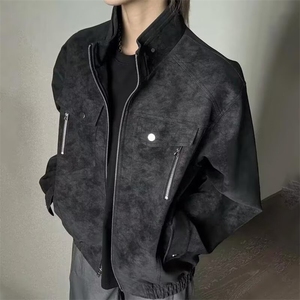 蓝色短款pu皮夹克男立领机车服皮衣工装外套513AJK2358P78图片