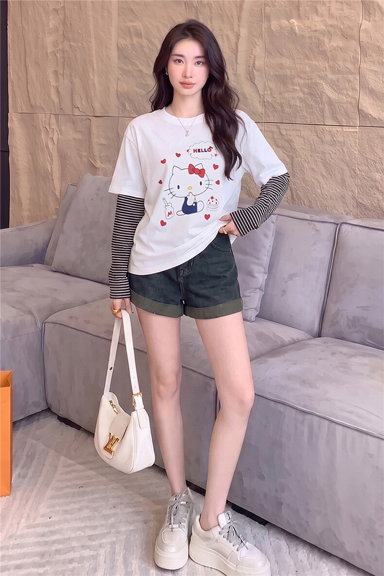 欧货俏皮减龄时尚套装夏季新款圆领卡通印花假两件上衣短裤两件套,女装套装/套裙,江南