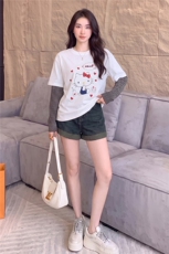 欧货俏皮减龄时尚套装夏季新款圆领卡通印花假两件上衣短裤两件套，女装套装/套裙，江南