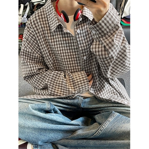 特批P36无差价2025春小格子长袖衬衫男女中性风宽松衬衣上衣C5455,女士米色长衬衣搭配什么裤子好看吗图片