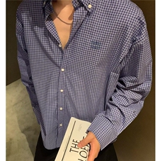 复古蓝色格子通勤长袖衬衫男女秋季新款宽松休闲风显瘦翻领衬衣，男装衬衫，星座506A