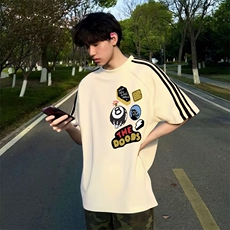 抖音得物品质二开240克宽松纯棉美式潮牌印花三条杠中性风短袖T恤，男装T恤，电商A486
