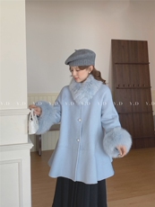 冬上新！双面羊绒大衣女冬法式气质高级感羊毛外套(配毛，女装双面呢大衣，依嘟服饰