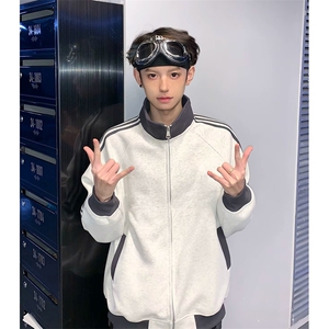 抖音得物高品质美式高街重磅结构设计拼接织带立领卫衣外套CM42