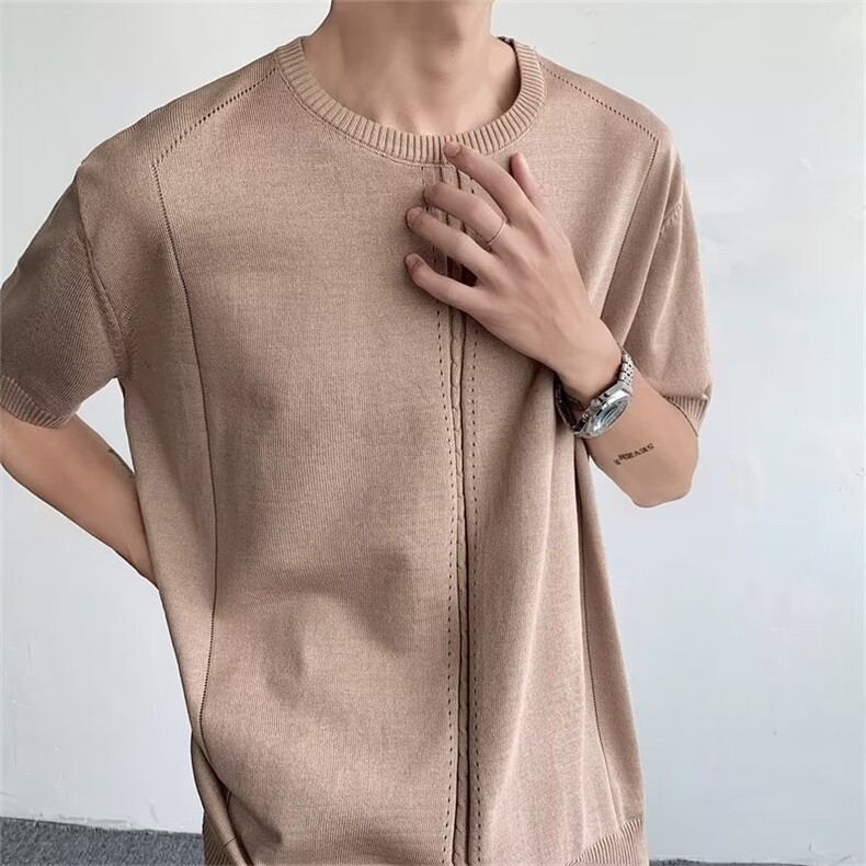 夏季短袖小众个性针织衫T恤男韩版ins圆领冰丝针织上衣B200P42图片