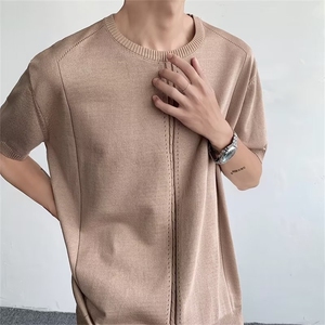 夏季短袖小众个性针织衫T恤男韩版ins圆领冰丝针织上衣B200P42图片