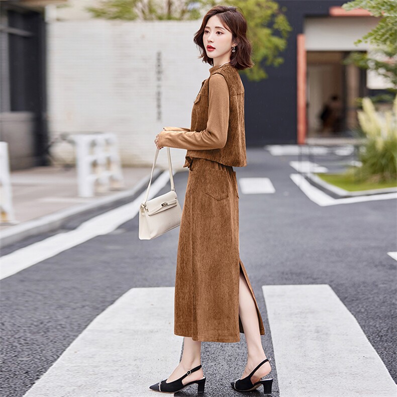 独束大码女装复古怀旧通勤三件套2024冬季安哥拉红马甲T恤半身裙,女装套装/套裙,慕依路