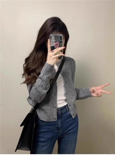 灰色短款麻花开衫时尚简约风长袖，女装针织衫/毛衣，兰叶羊绒