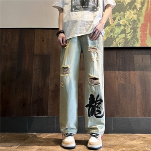 k1079-p55-控78 M-5XL 现货oversize cleanfit风黄泥牛仔裤破洞图片