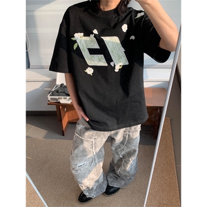 网图有货 花伴竹纯棉刺绣短袖T恤男女情侣宽松花卉上衣 A469-P35图片