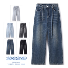 26年新款牛仔裤港风阔腿宽松直筒平腰裤经典猫须马骝时尚2167-P45，男装牛仔裤，星座1006